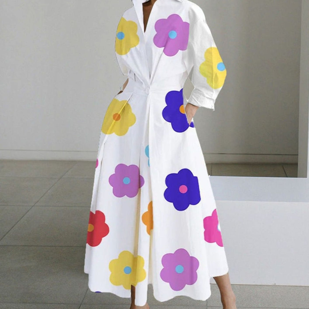 Women's Collared Maxi Shirt Dress Long Sleeve Wrap - White Floral