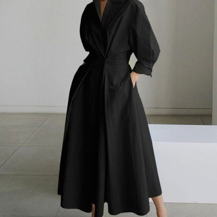 Women's Collared Maxi Shirt Dress Long Sleeve Wrap - Black