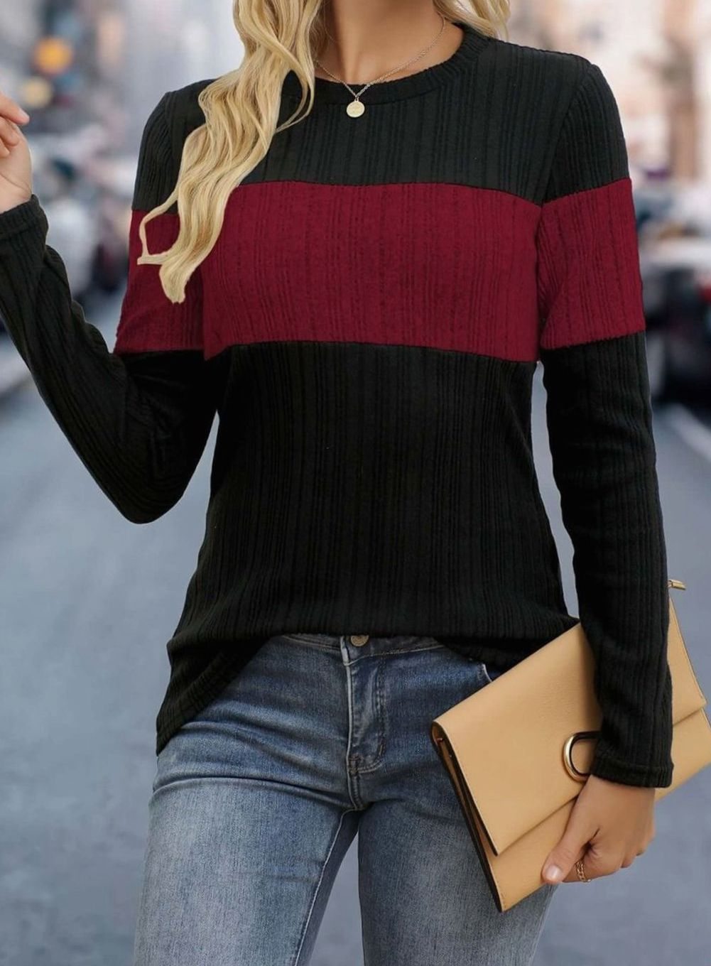 Women's Colour Block Ribbed Long Sleeve Top Round Neck