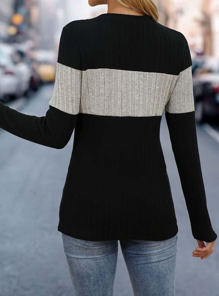 Women's Colour Block Ribbed Long Sleeve Top Round Neck