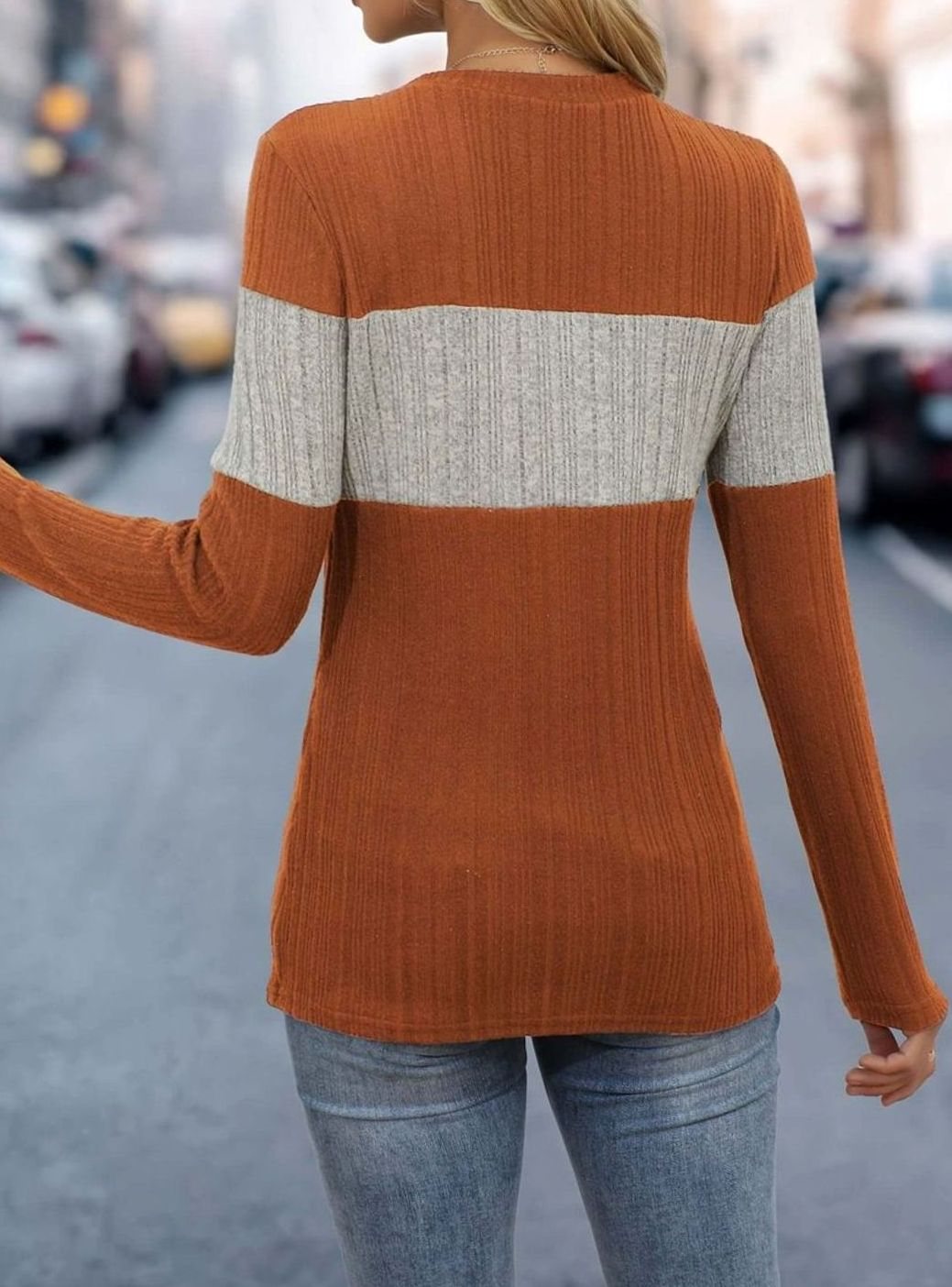 Women's Colour Block Ribbed Long Sleeve Top Round Neck