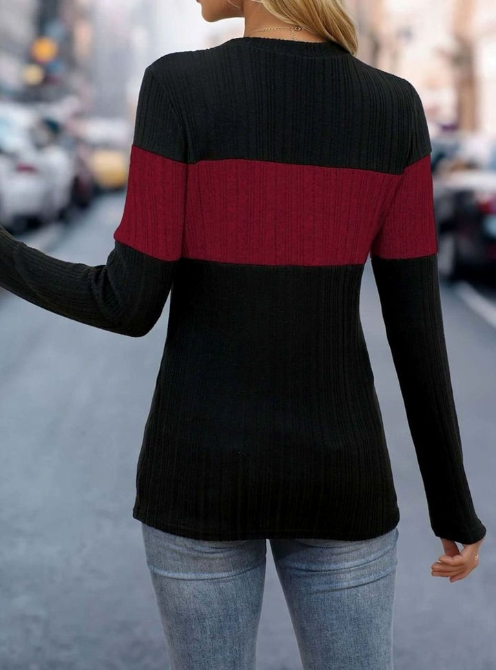 Women's Colour Block Ribbed Long Sleeve Top Round Neck