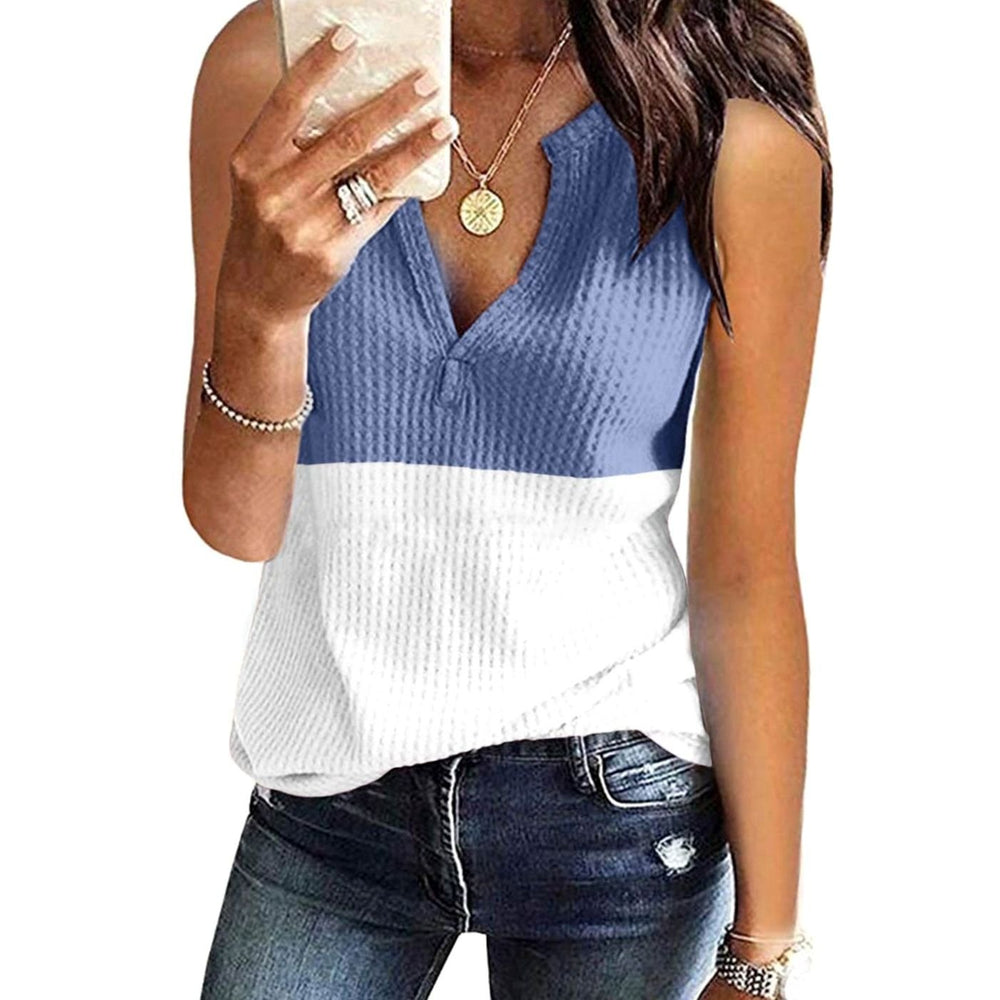 Women's Colour Block Sleeveless V-Neck Waffle Knit Tank Top