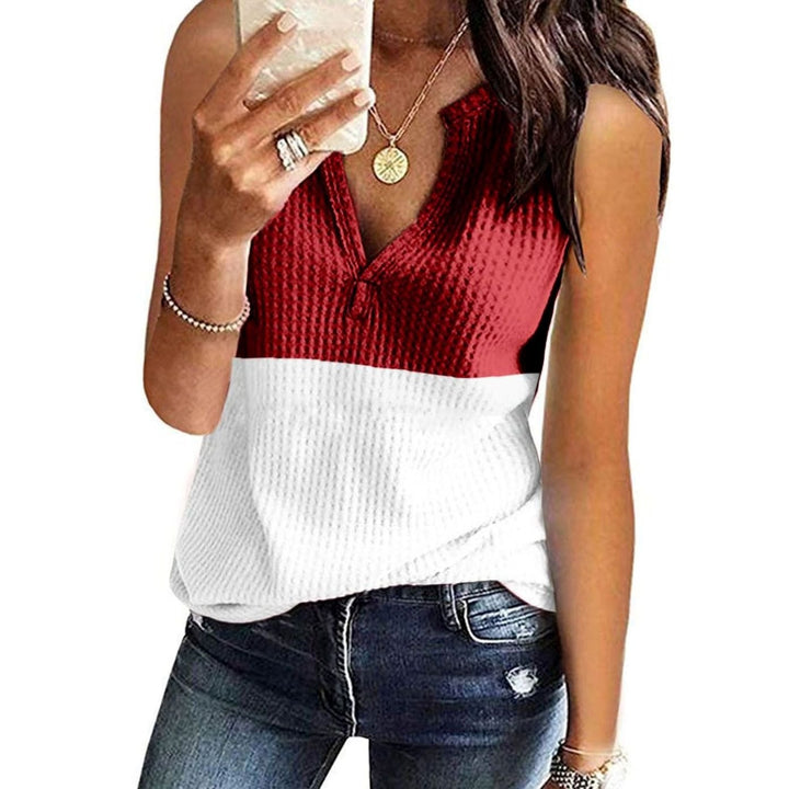 Women's Colour Block Sleeveless V-Neck Waffle Knit Tank Top