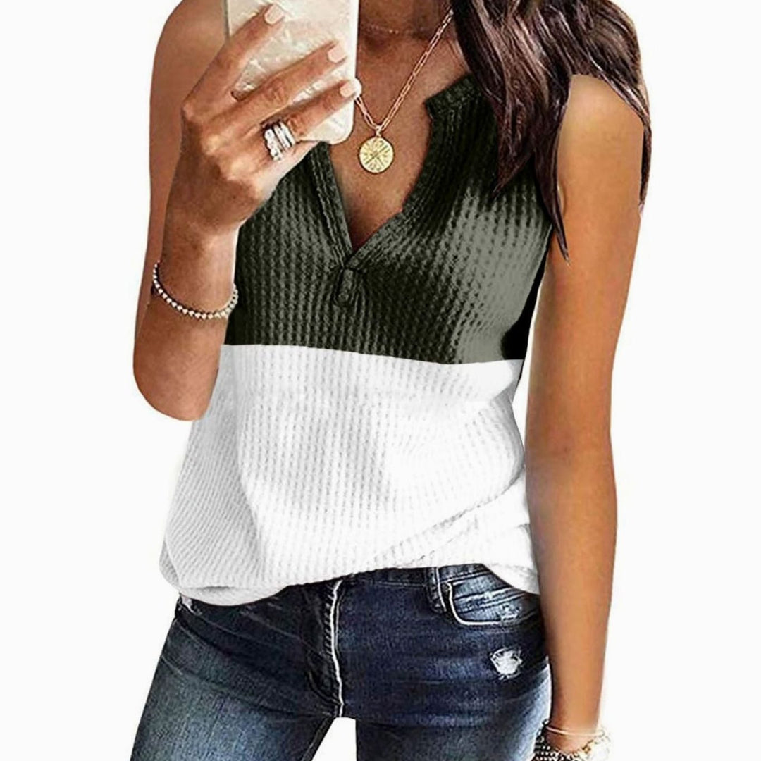Women's Colour Block Sleeveless V-Neck Waffle Knit Tank Top - Green
