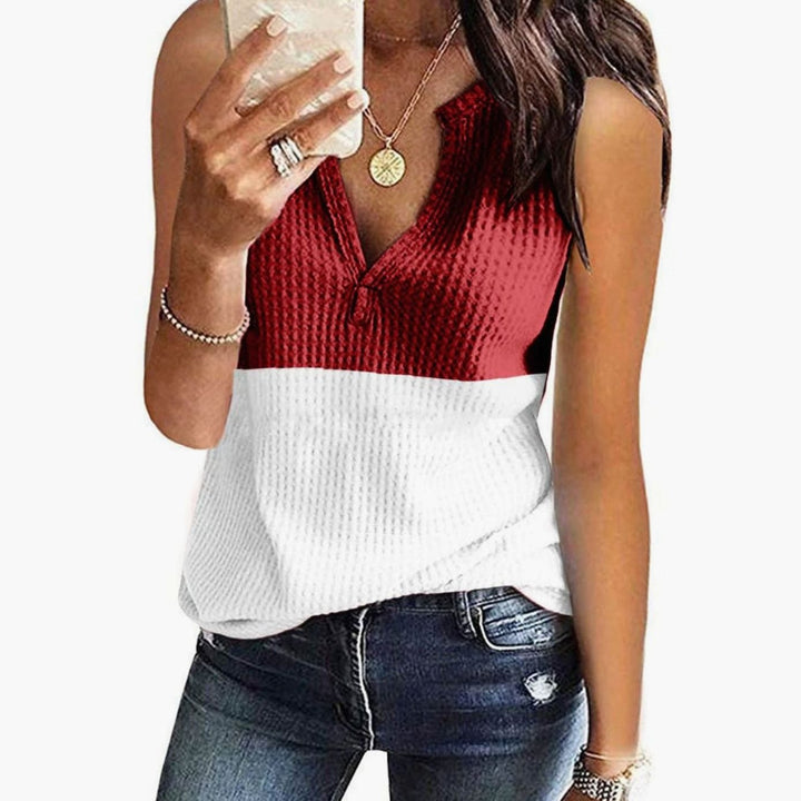 Women's Colour Block Sleeveless V-Neck Waffle Knit Tank Top - Red