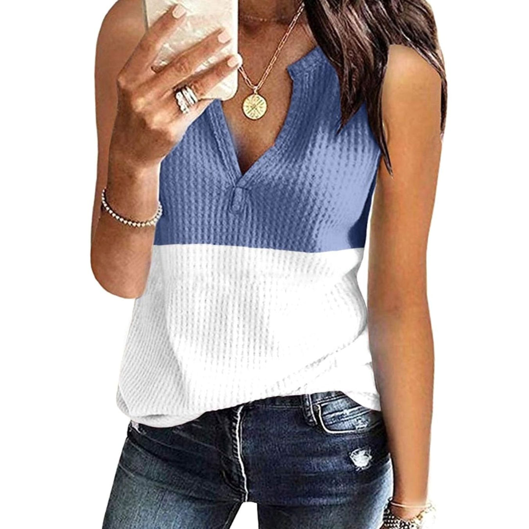 Women's Colour Block Sleeveless V-Neck Waffle Knit Tank Top - Sky Blue