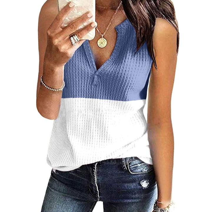 Women's Colour Block Sleeveless V-Neck Waffle Knit Tank Top - Sky Blue