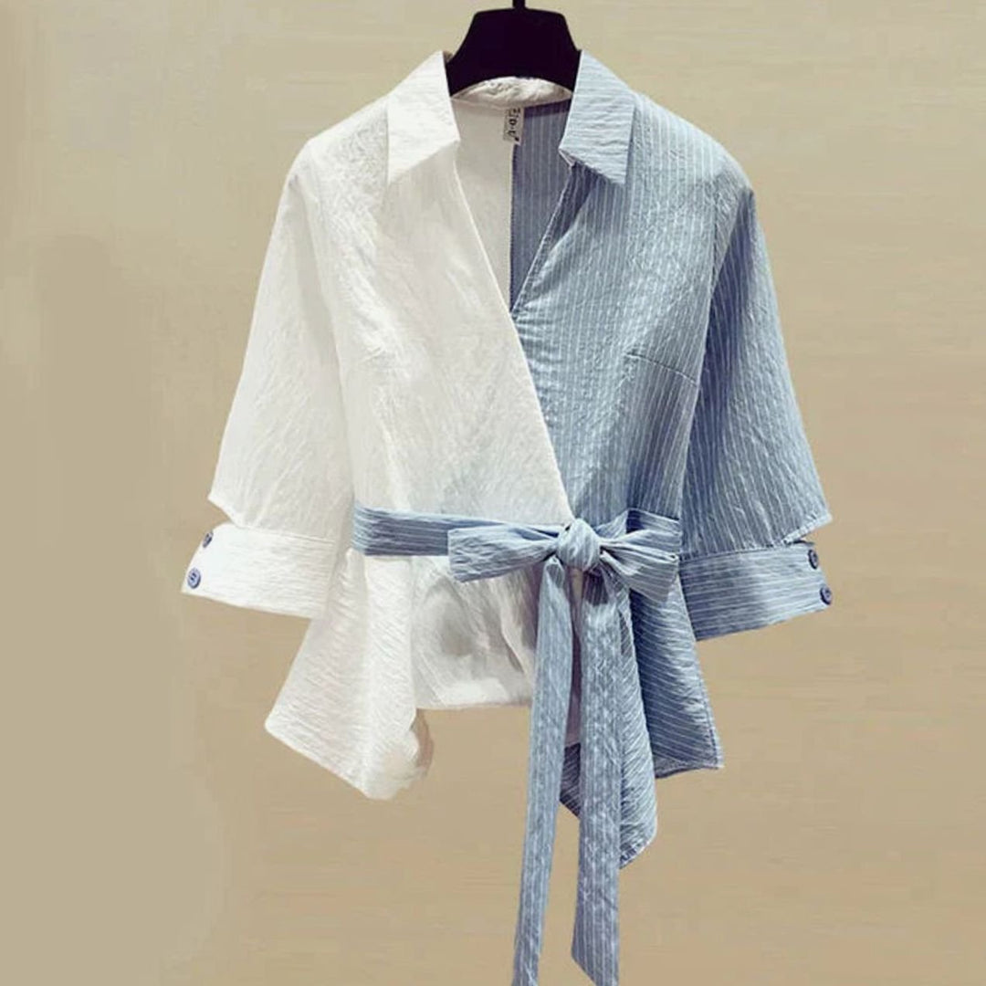 Women's Colour-Block Tie-Waist Half-Sleeve Shirt