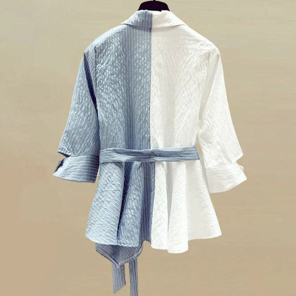 Women's Colour-Block Tie-Waist Half-Sleeve Shirt