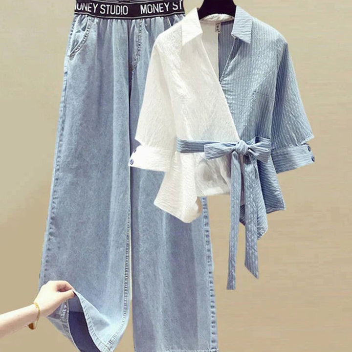 Women's Colour-Block Tie-Waist Half-Sleeve Shirt - Blue