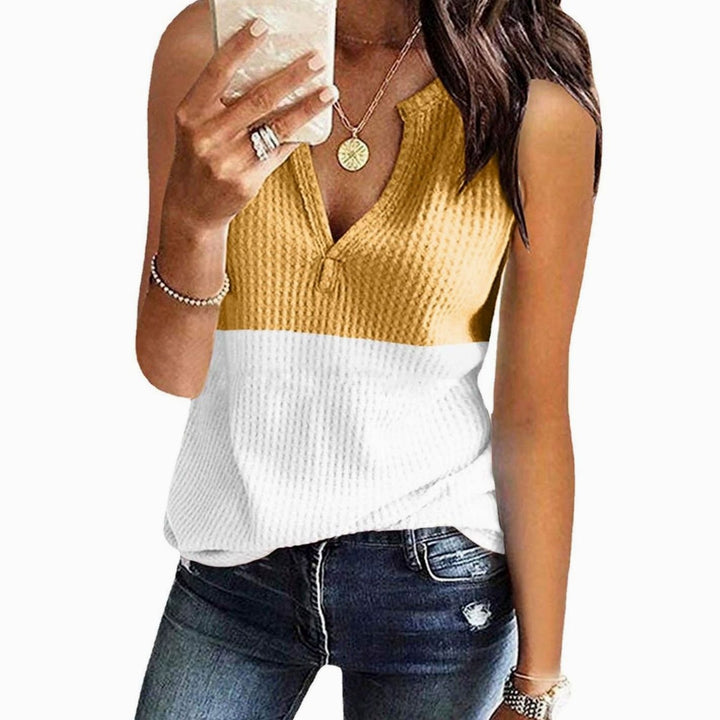 Women's Colour-Block V-Neck Sleeveless Waffle-Knit Top