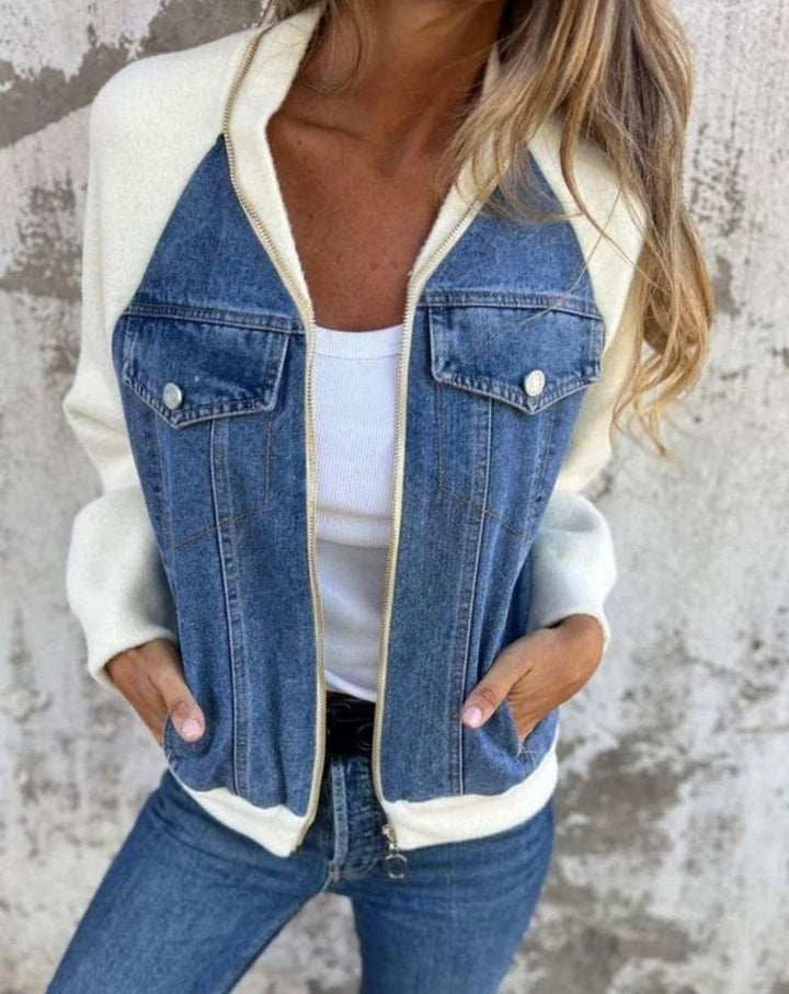 Women's Colour-Block Zip-Up Denim Fabric Jacket - Blue