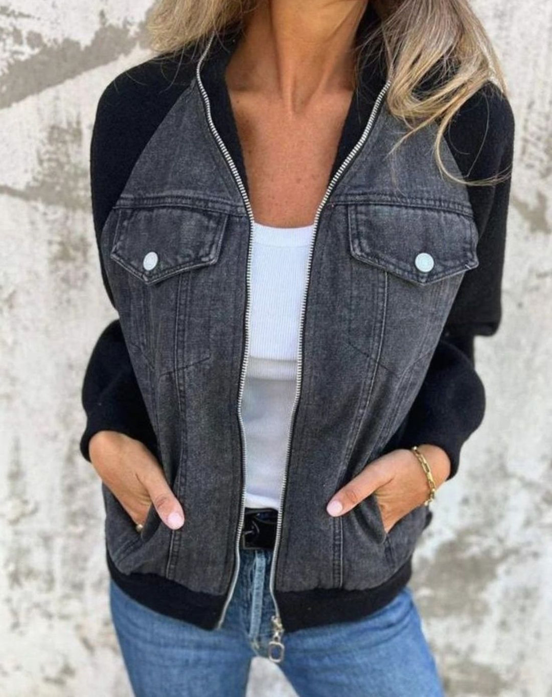 Women's Colour-Block Zip-Up Denim Fabric Jacket - Black