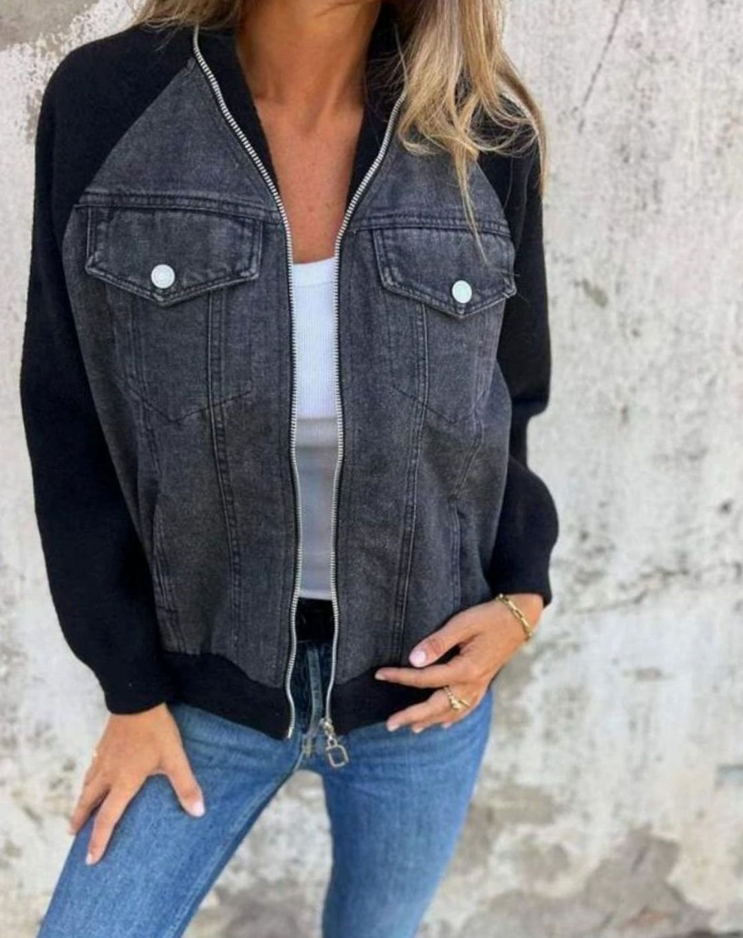 Women's Colour-Block Zip-Up Denim Fabric Jacket