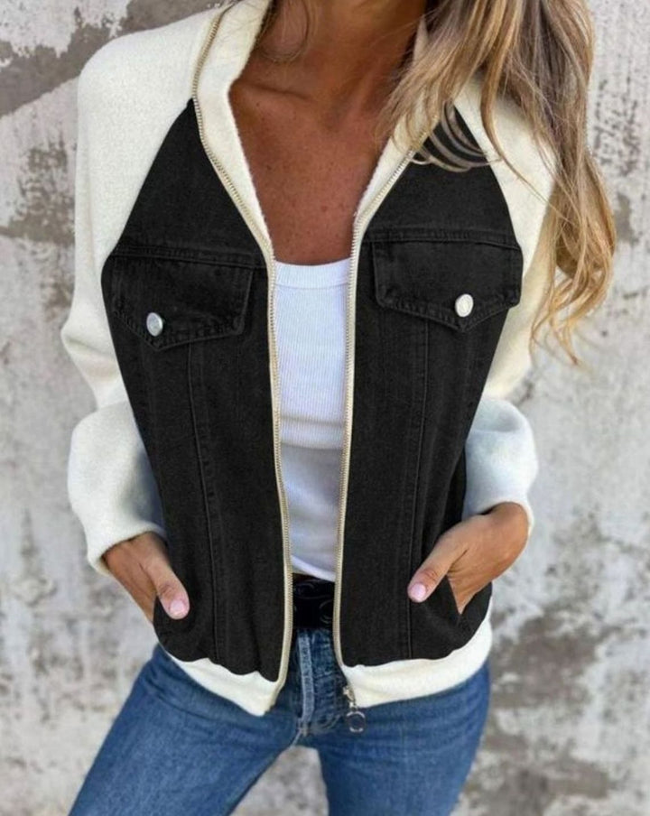 Women's Colour-Block Zip-Up Denim Fabric Jacket - Black/White