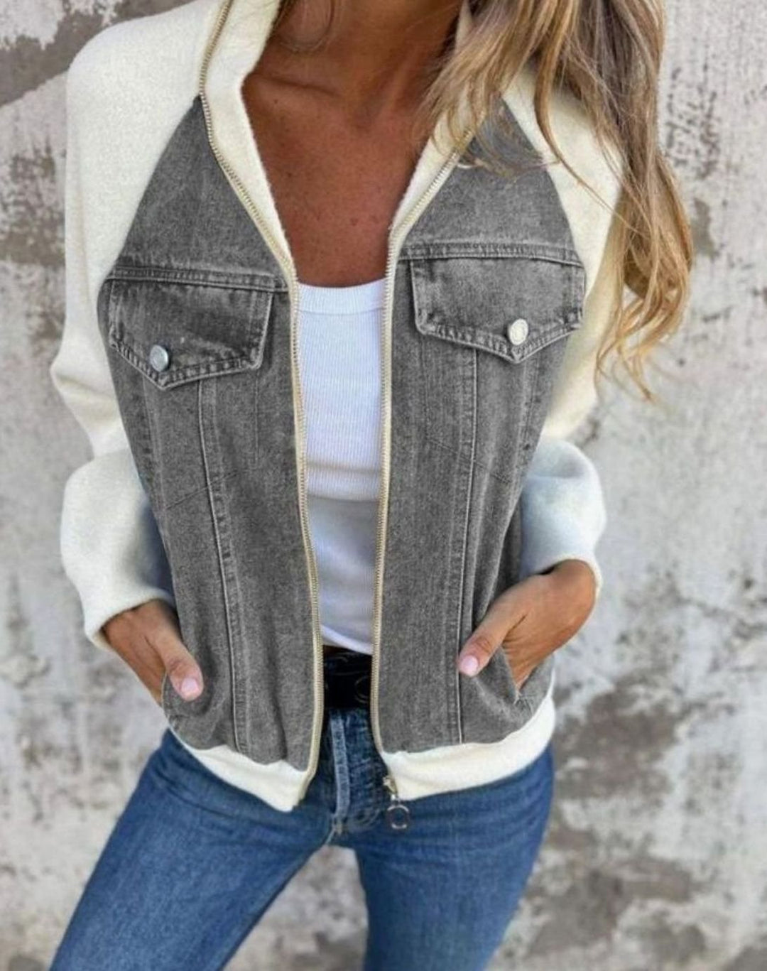 Women's Colour-Block Zip-Up Denim Fabric Jacket - Grey