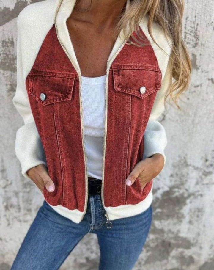 Women's Colour-Block Zip-Up Denim Fabric Jacket - Red