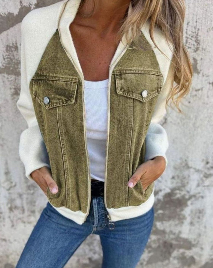 Women's Colour-Block Zip-Up Denim Fabric Jacket - Olive Green