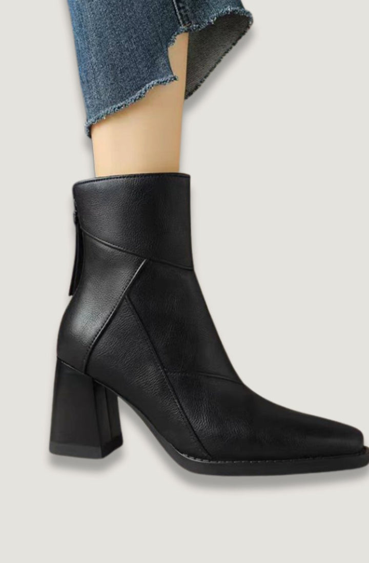 Women's Comfortable Black Leather Ankle Boots Block Heel