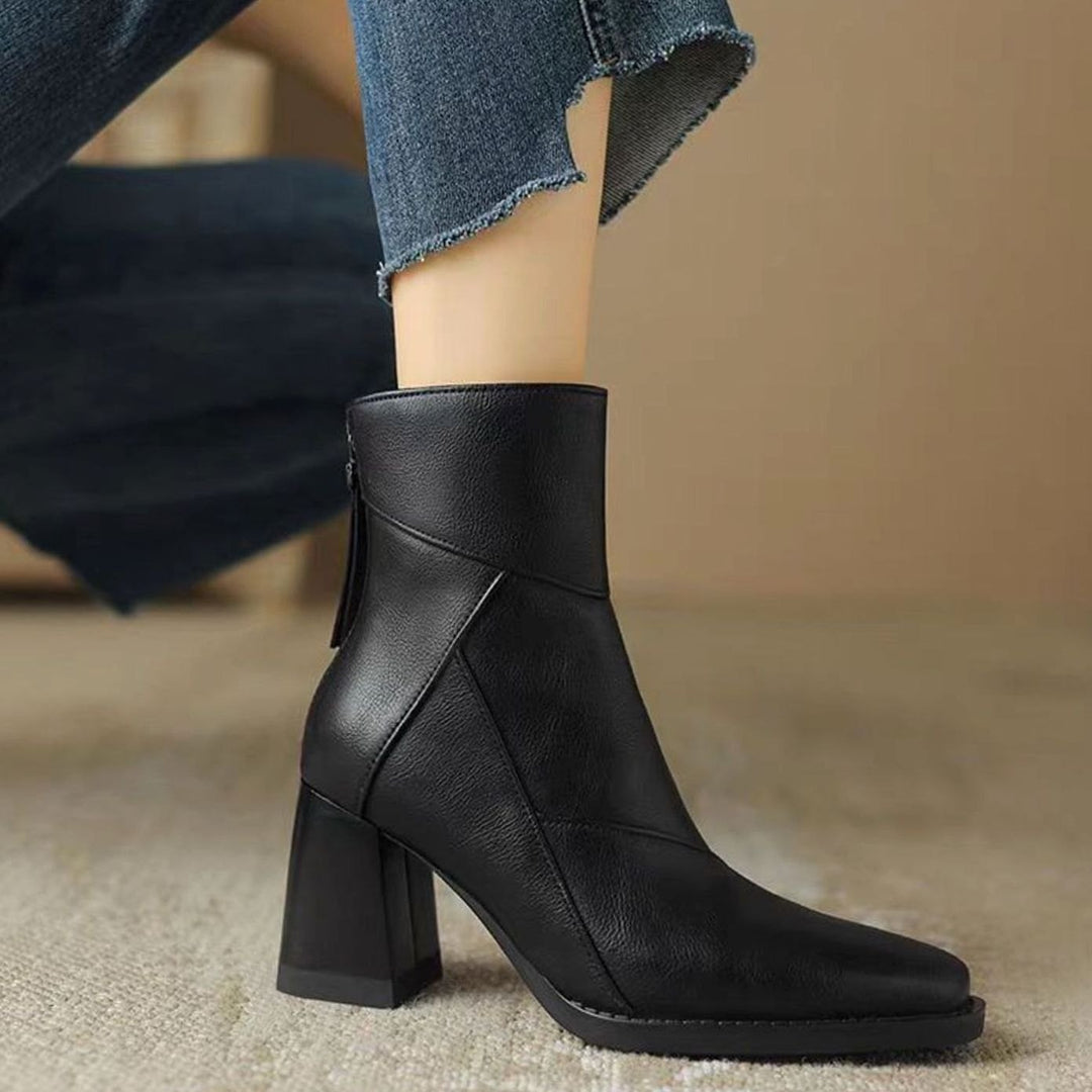 Women's Comfortable Black Leather Ankle Boots Block Heel - Black