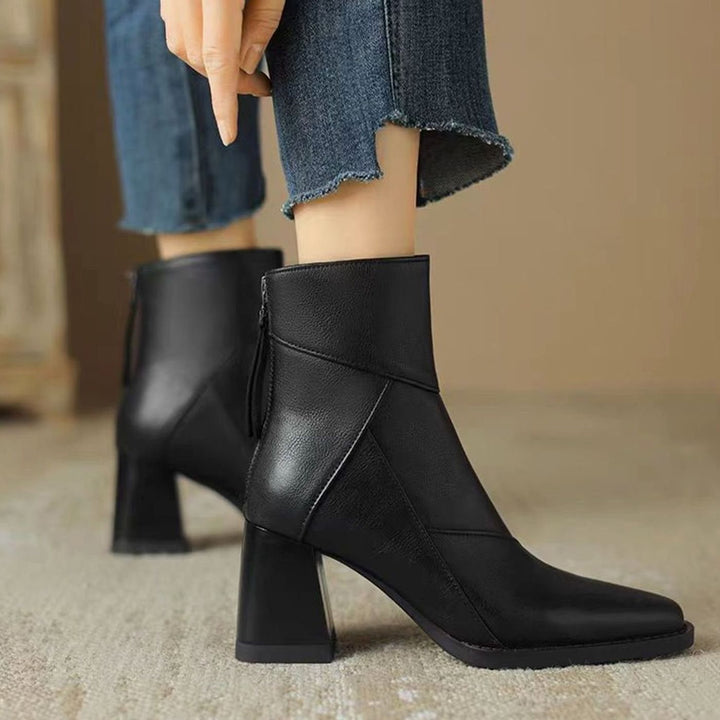 Women's Comfortable Black Leather Ankle Boots Block Heel