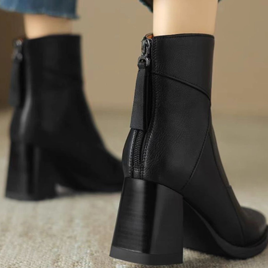 Women's Comfortable Black Leather Ankle Boots Block Heel
