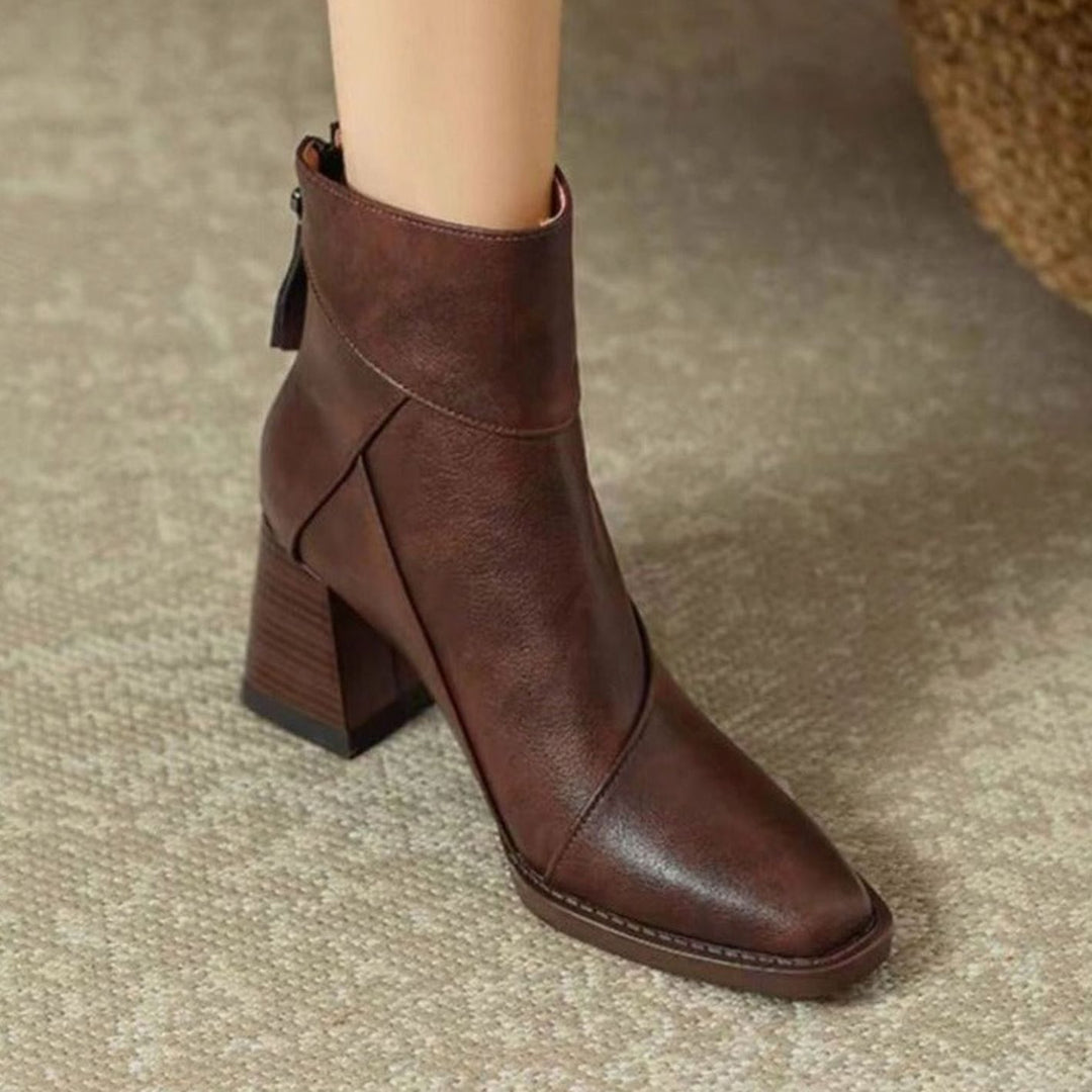 Women's Comfortable Black Leather Ankle Boots Block Heel - Brown