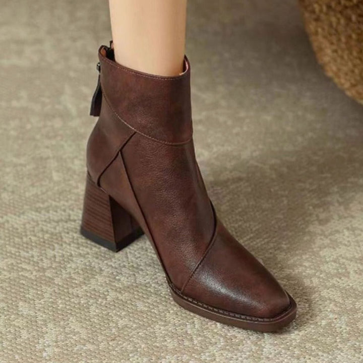 Women's Comfortable Black Leather Ankle Boots Block Heel - Brown
