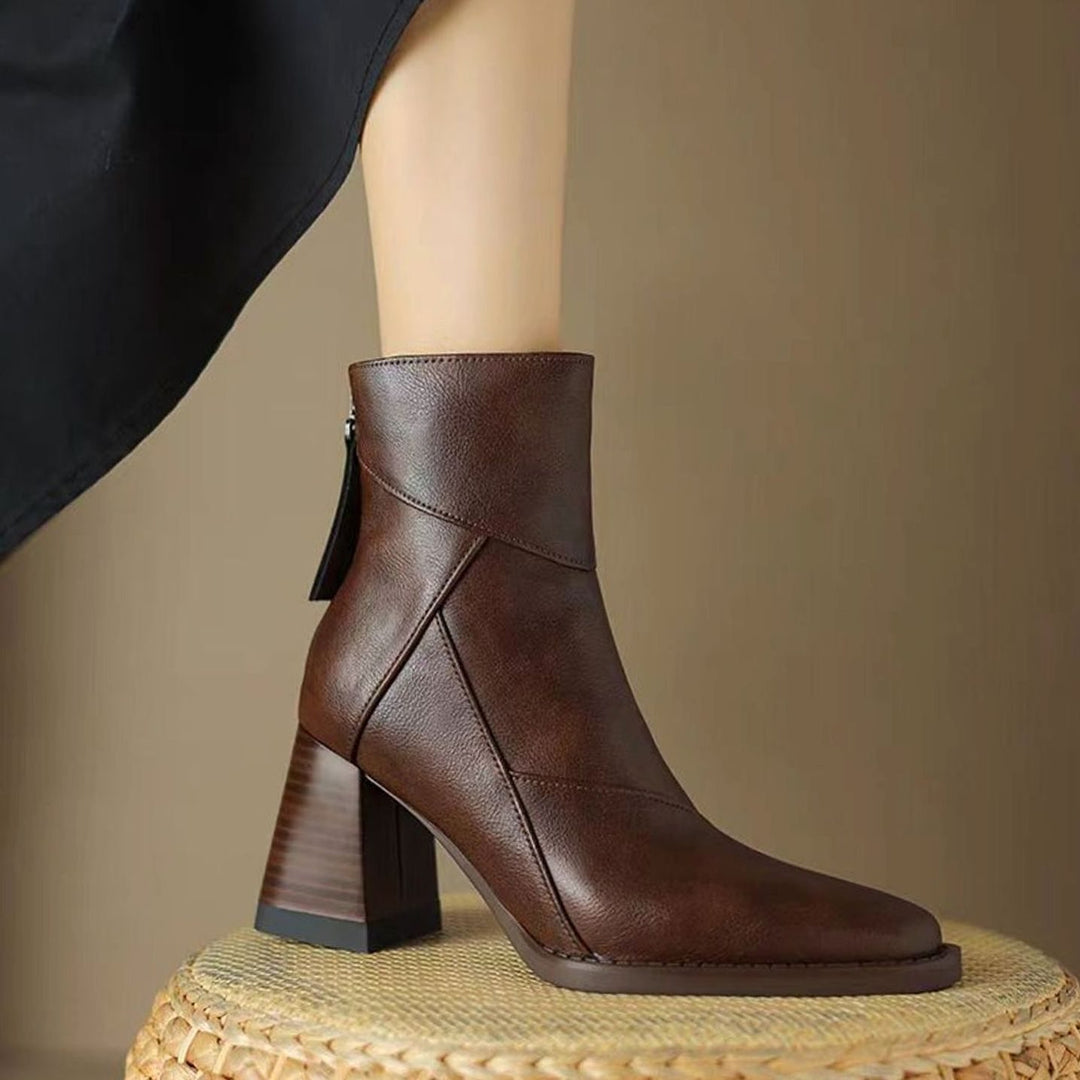 Women's Comfortable Black Leather Ankle Boots Block Heel