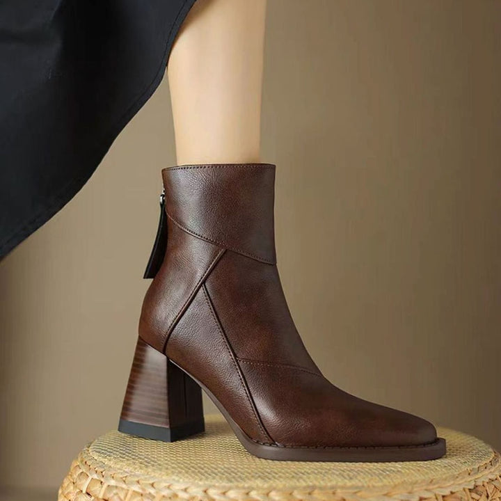 Women's Comfortable Black Leather Ankle Boots Block Heel