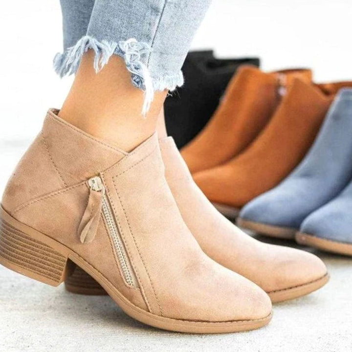 Women's Comfortable Black Suede Ankle Boots Chunky Block Heel - Beige