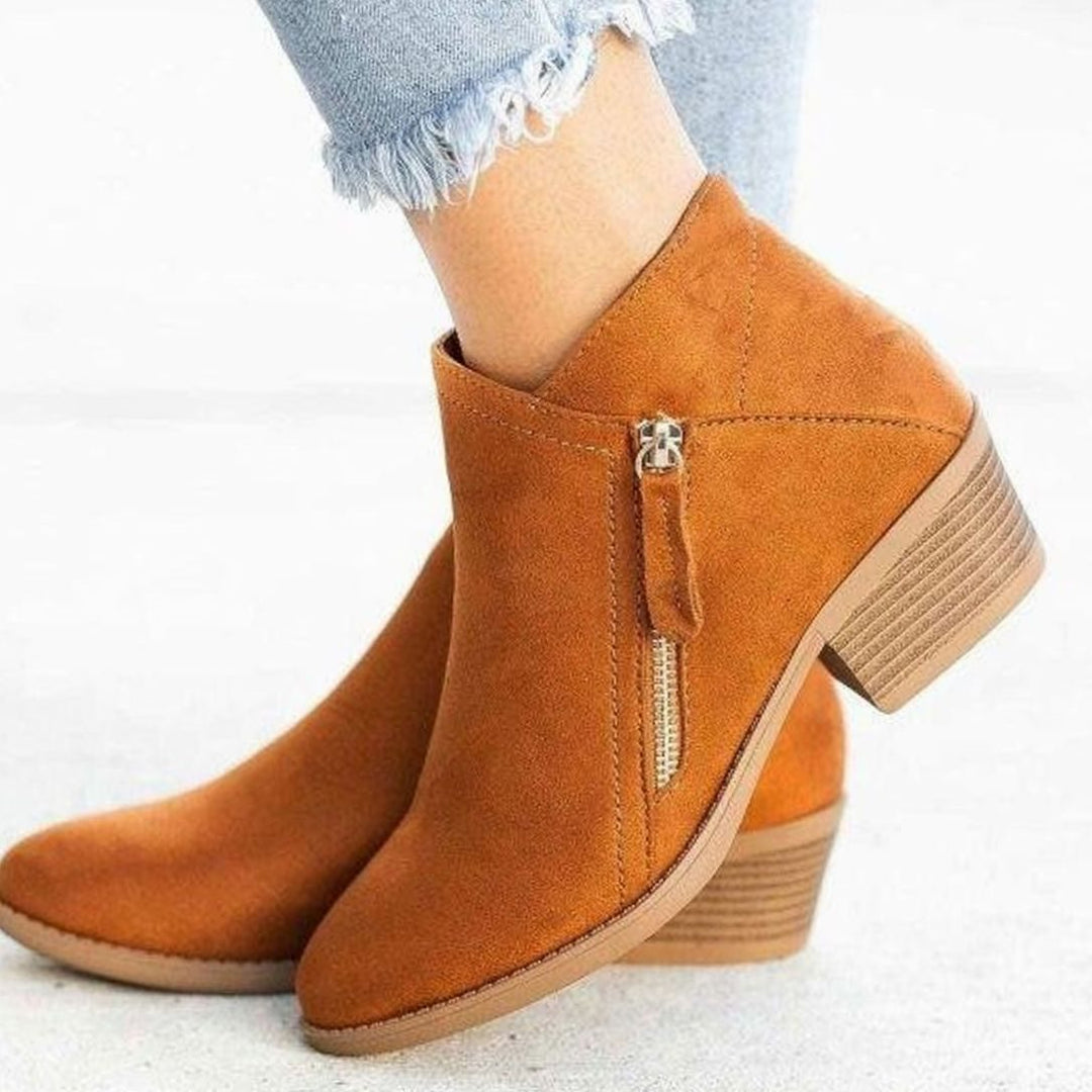 Women's Comfortable Black Suede Ankle Boots Chunky Block Heel - Brown