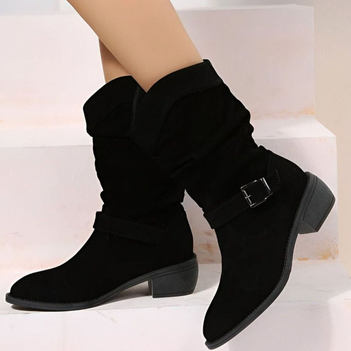 Women's Comfortable Flat Knee-High Slouch Buckle Boots - Black