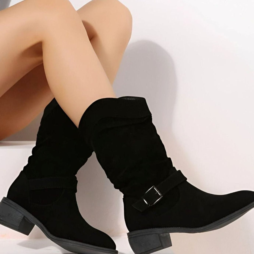 Women's Comfortable Flat Knee-High Slouch Buckle Boots