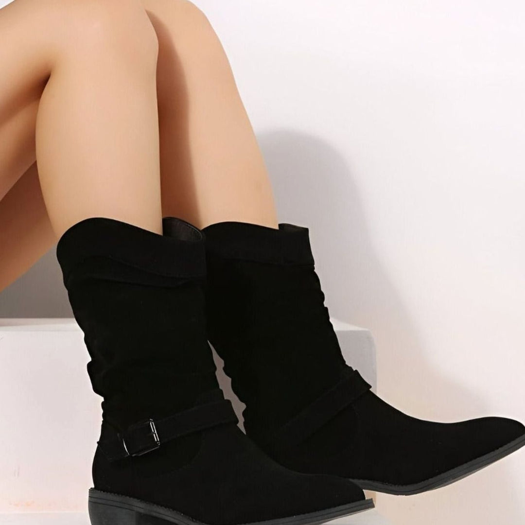 Women's Comfortable Flat Knee-High Slouch Buckle Boots