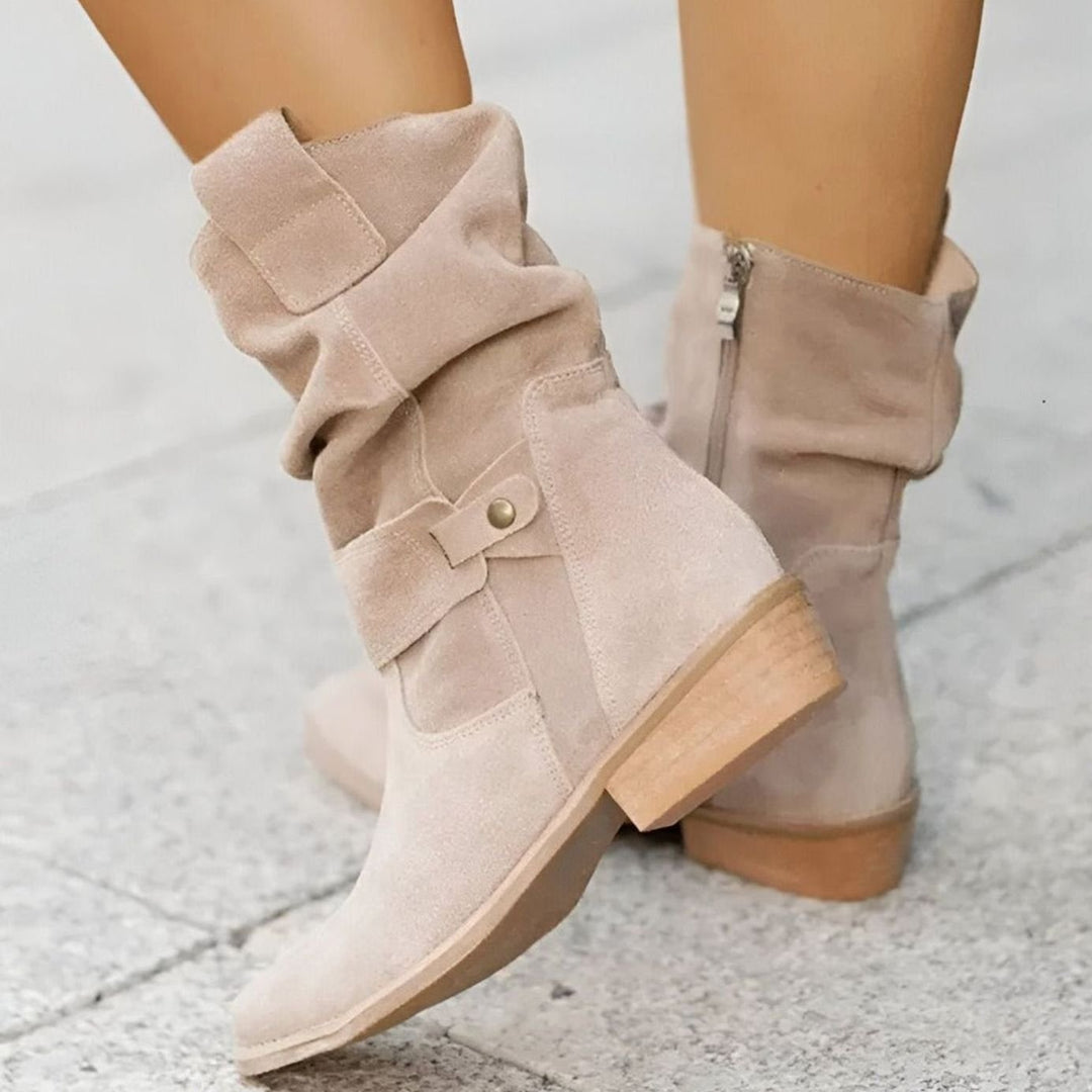 Women's Comfortable Flat Knee-High Slouch Buckle Boots - Beige
