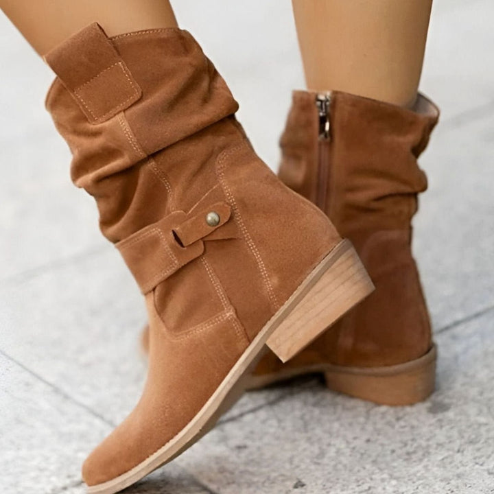 Women's Comfortable Flat Knee-High Slouch Buckle Boots - Brown