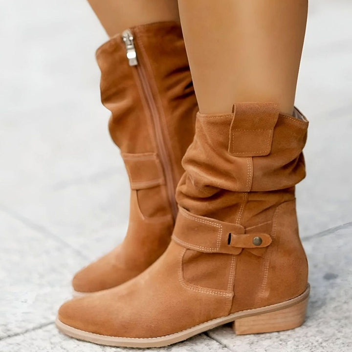 Women's Comfortable Flat Knee-High Slouch Buckle Boots