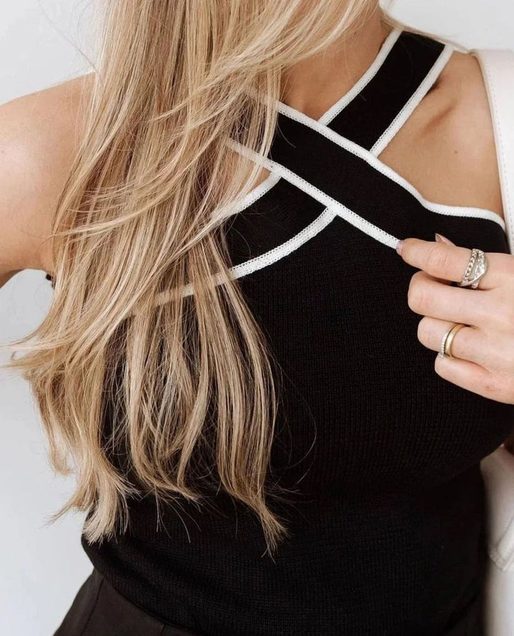 Women's Contrast Trim Criss-Cross Halter Fitted Cami Top