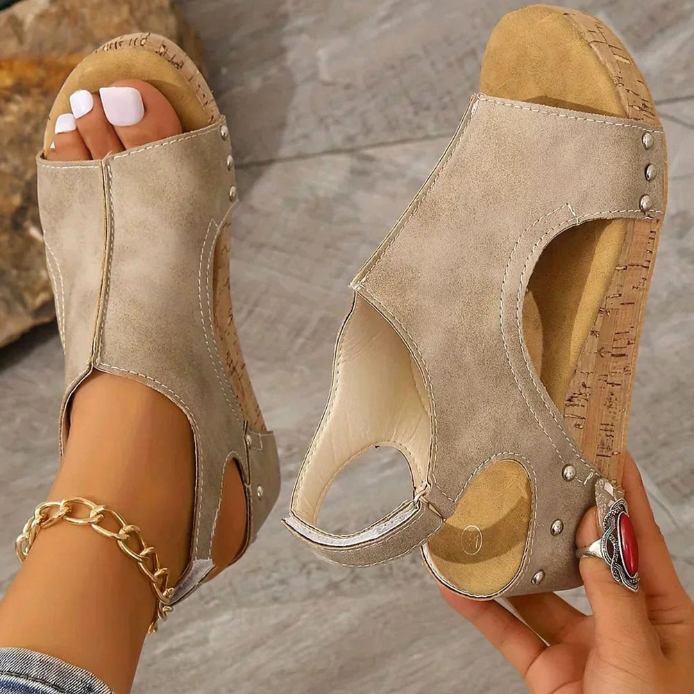 Women's Cork Wedge Peep-Toe Slingback Sandals Studded Detail