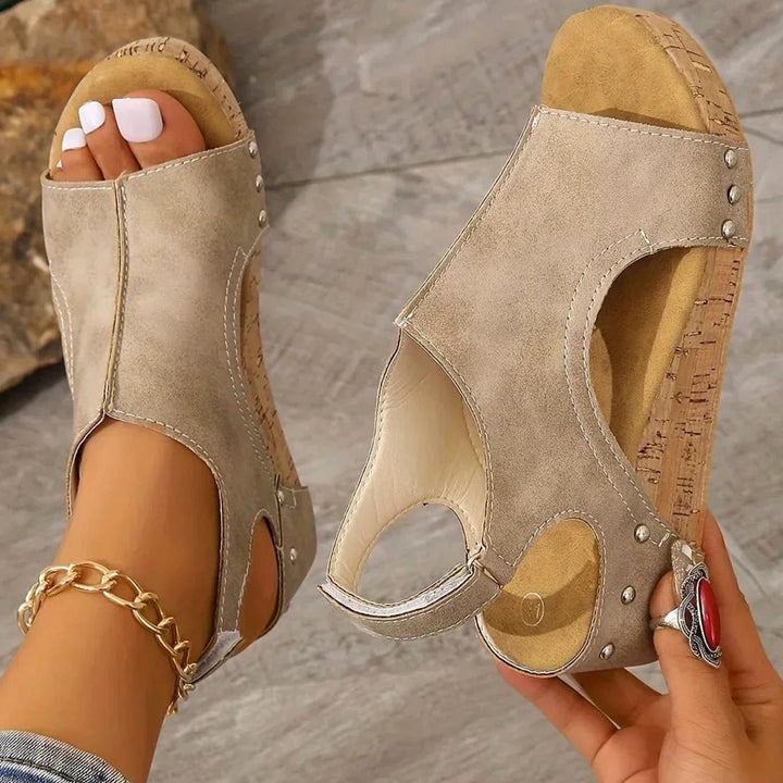 Women's Cork Wedge Peep-Toe Slingback Sandals Studded Detail