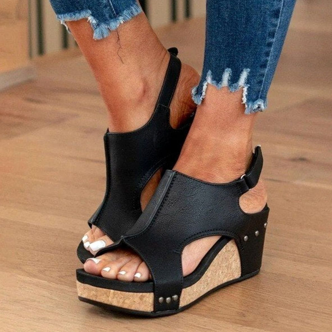 Women's Cork Wedge Slingback Open-Toe Sandals - Black
