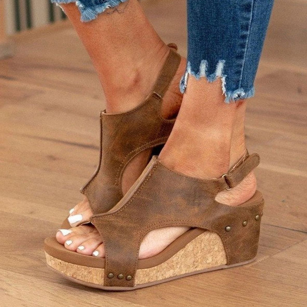 Women's Cork Wedge Slingback Open-Toe Sandals - Brown