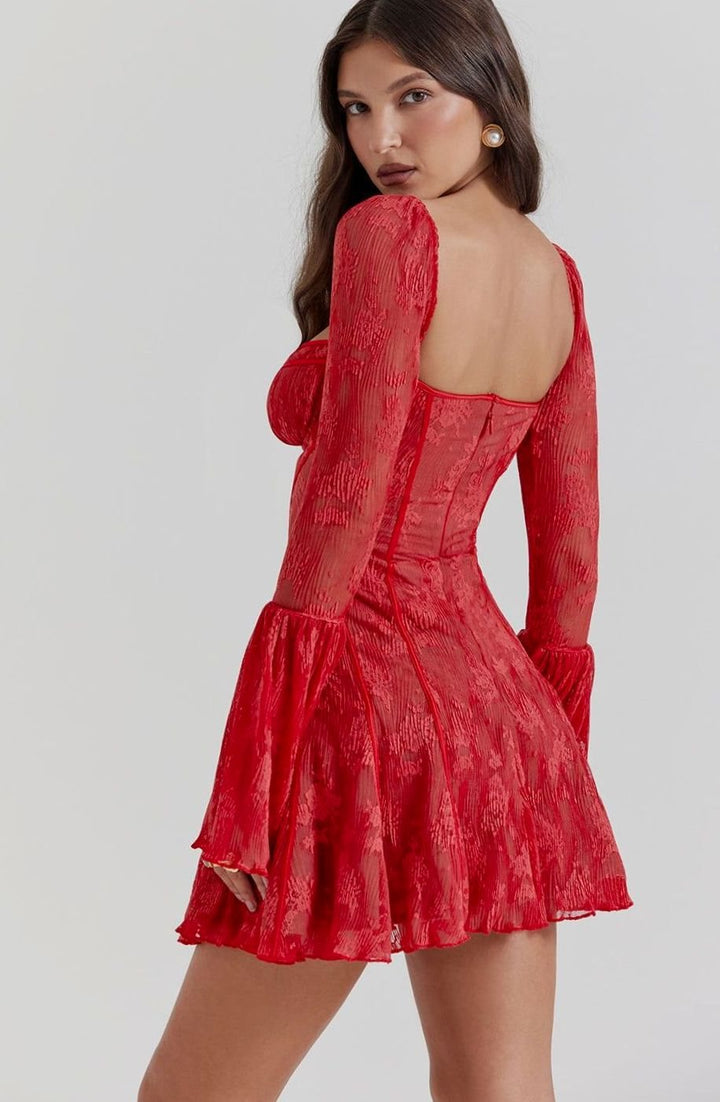 Women's Corset-Bust Flare-Sleeve Textured Mini Dress