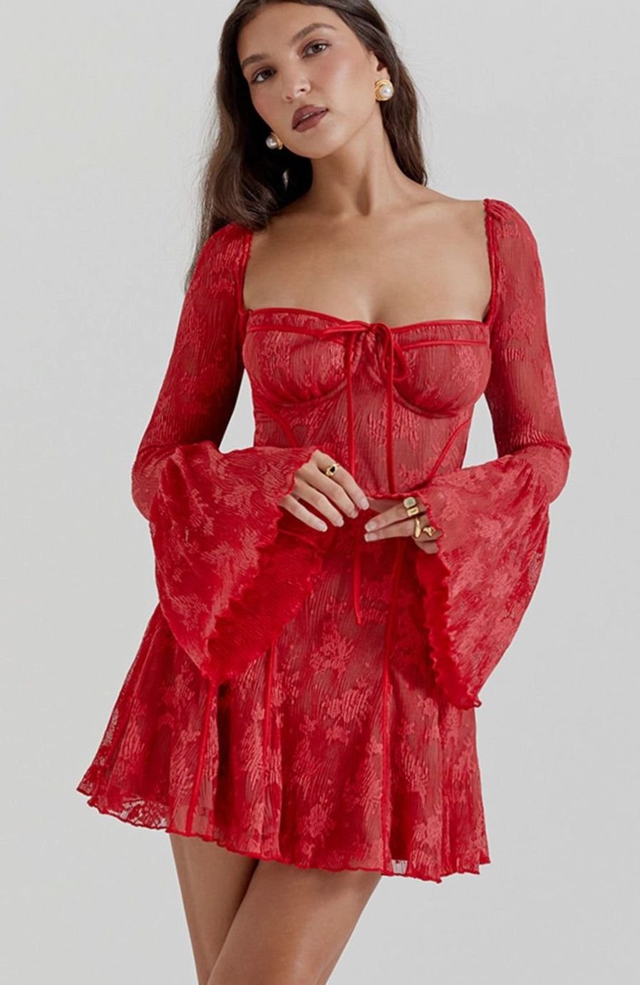 Women's Corset-Bust Flare-Sleeve Textured Mini Dress - Red