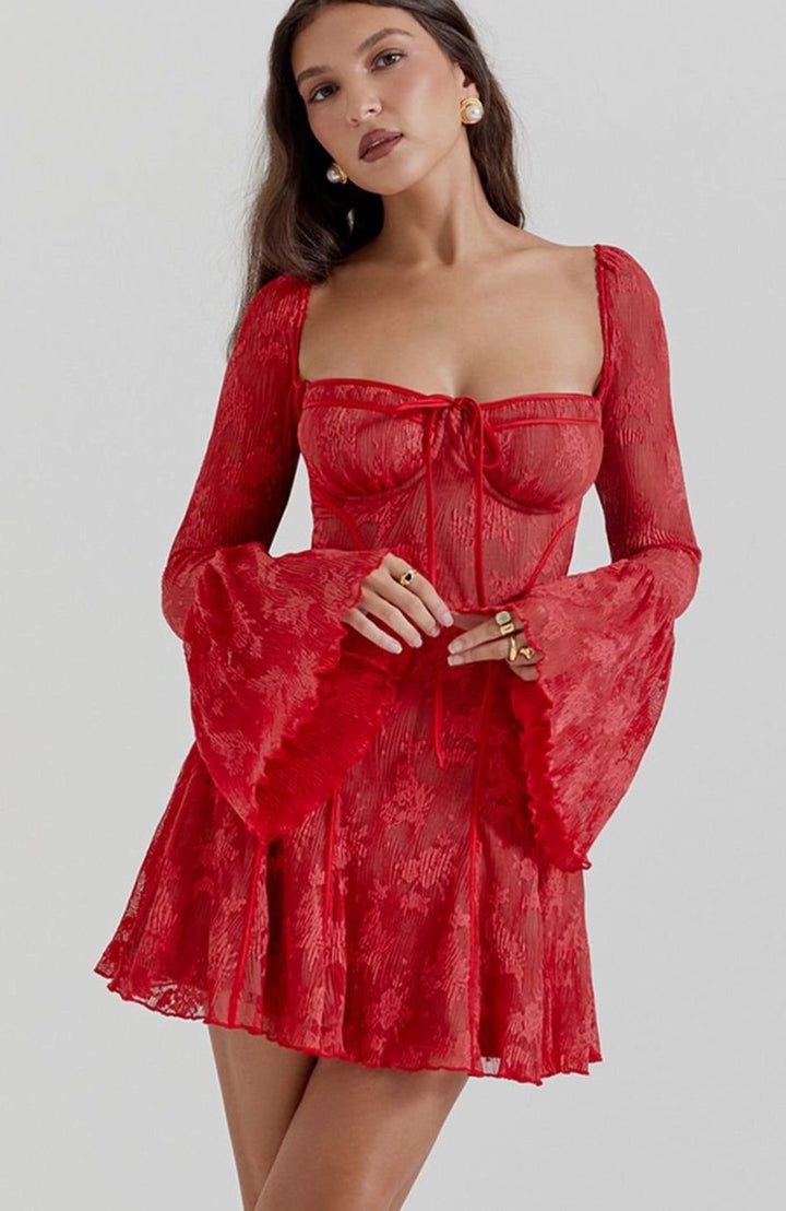 Women's Corset-Bust Flare-Sleeve Textured Mini Dress - Red