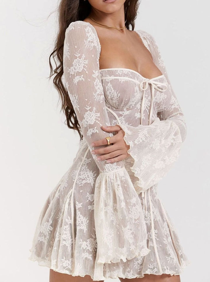 Women's Corset-Bust Flare-Sleeve Textured Mini Dress - White