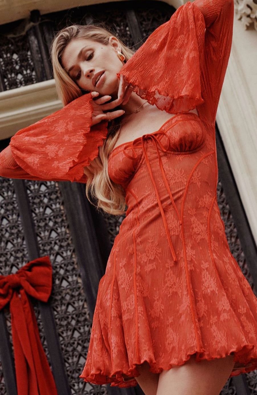 Women's Corset-Bust Flare-Sleeve Textured Mini Dress