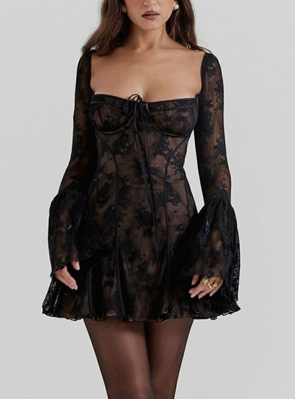 Women's Corset-Bust Flare-Sleeve Textured Mini Dress